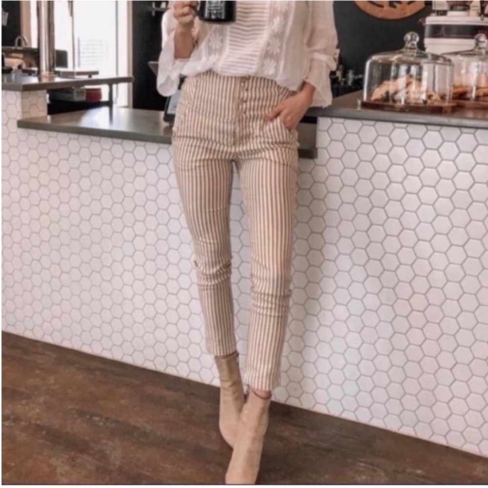 Free People Frankie High Waist Striped Ankle Pants khaki and ivory size eight 8